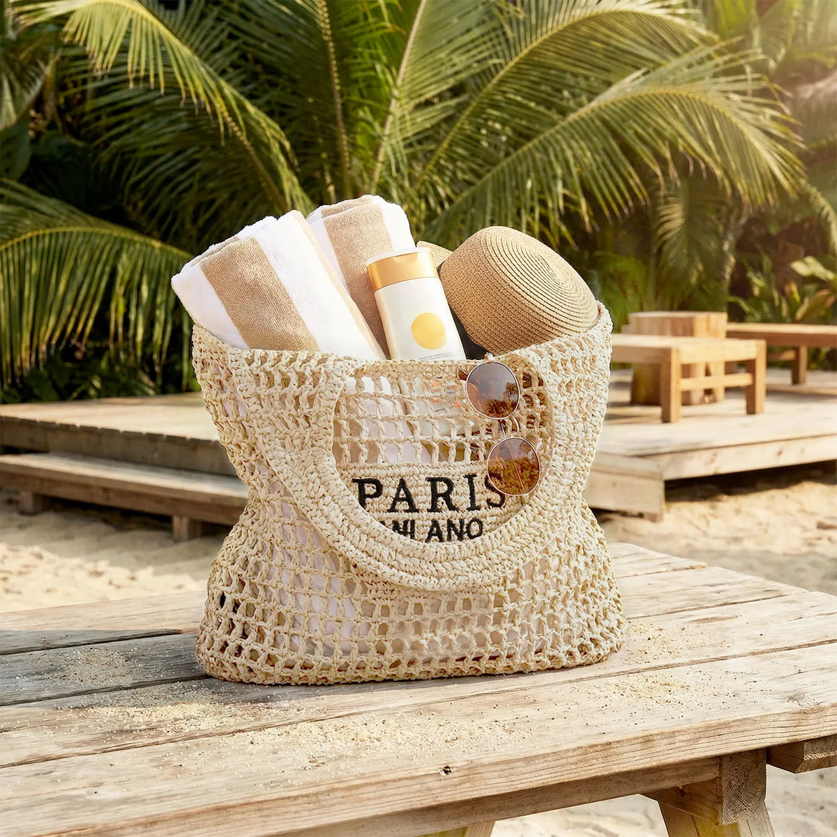 Borse da Spiaggia in Paglia per Donne - Borsa Intrecciata Artigianale, Borsa a Tracolla Estiva in Rete Traforata per Vacanze