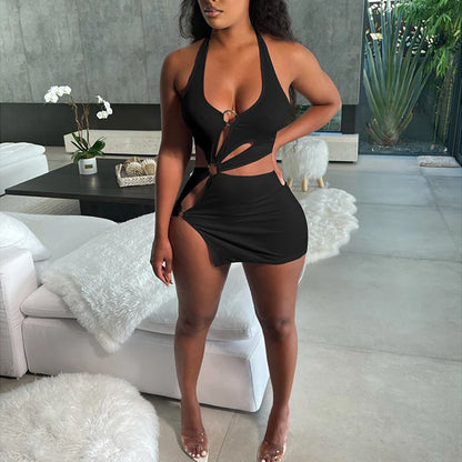 Robes d'été femme 2022, robe moulante sexy mini élastique évidée taille haute, élégante sans manches orange pour club de soirée