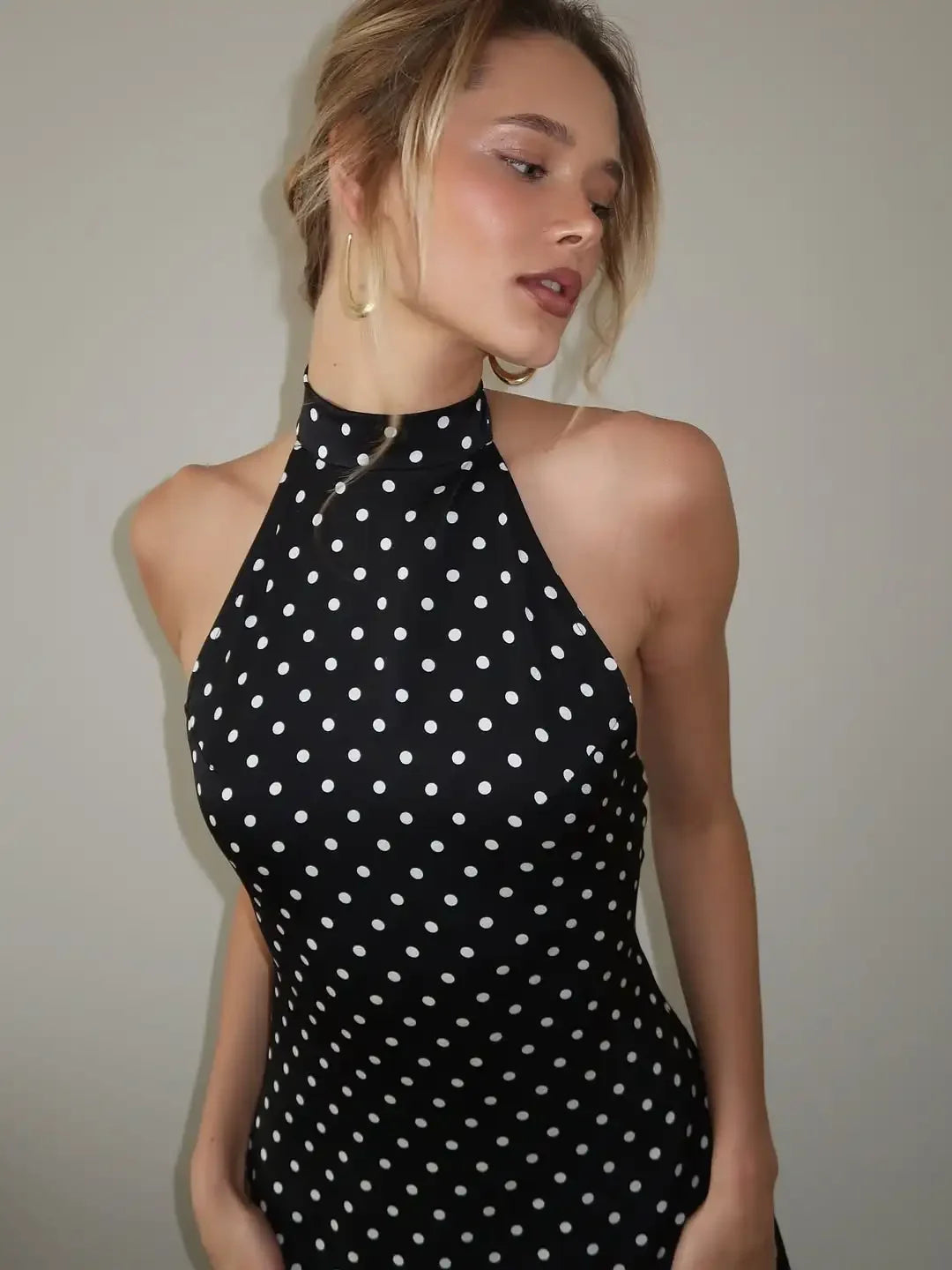 Tuularose Abito a pois alla moda Abito vintage a vita alta senza maniche con scollo senza schienale Abito con lacci Abiti da donna di lusso per feste sexy Y2k