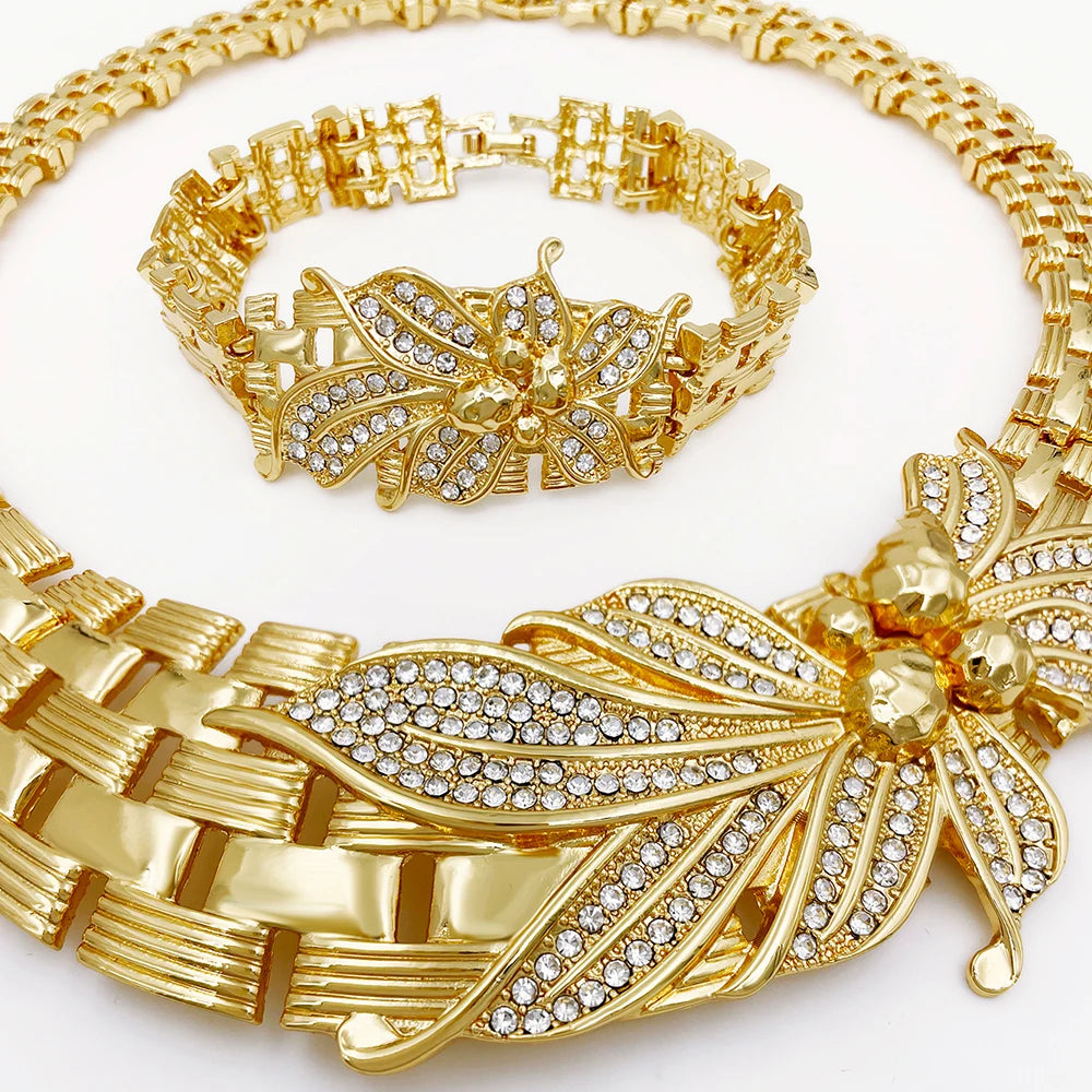 YTJX Ensemble de bijoux de mariage africains, grand collier ras du cou fleur, bracelet zircon fin, boucles d'oreilles perçantes, bague, plaqué or 18 carats