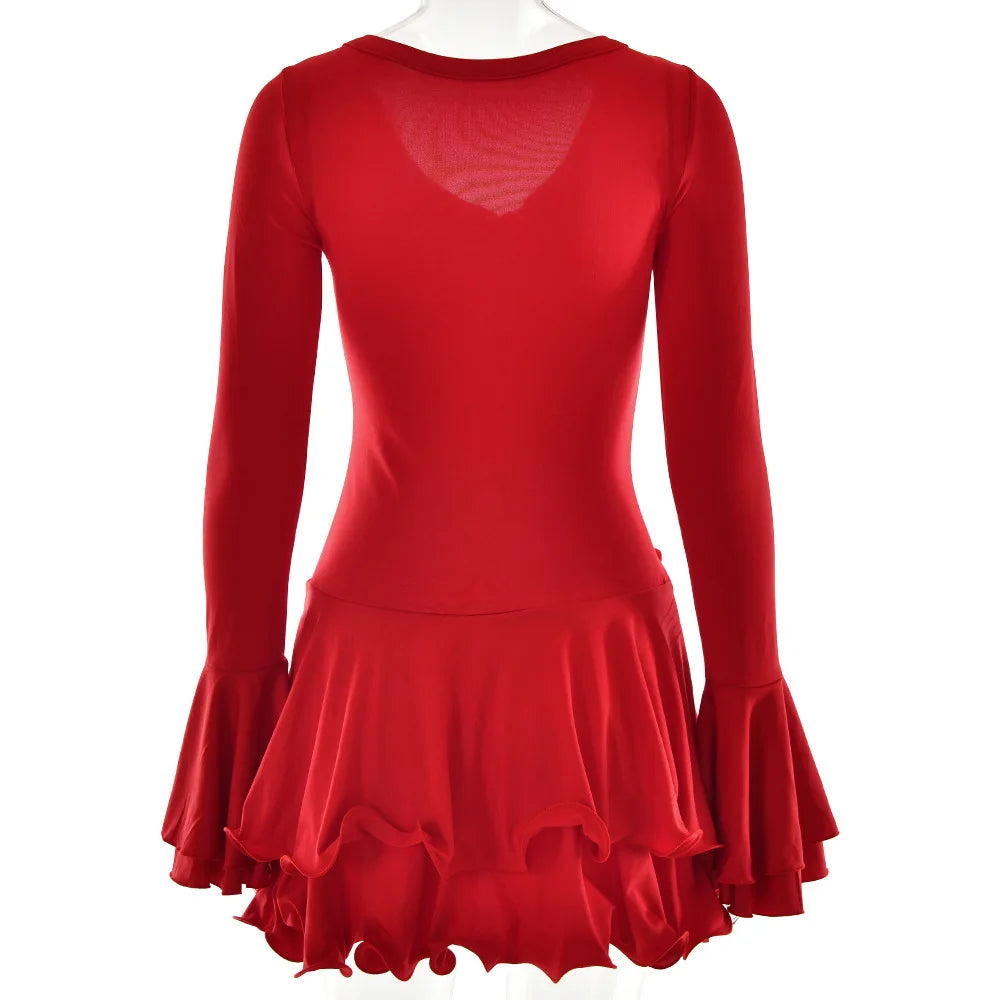 Abito corto sexy con volant patchwork bianco nero Abito corto da donna con maniche lunghe svasate con lacci Mini abiti da festa da sera Donna Blu Rosa Rosso