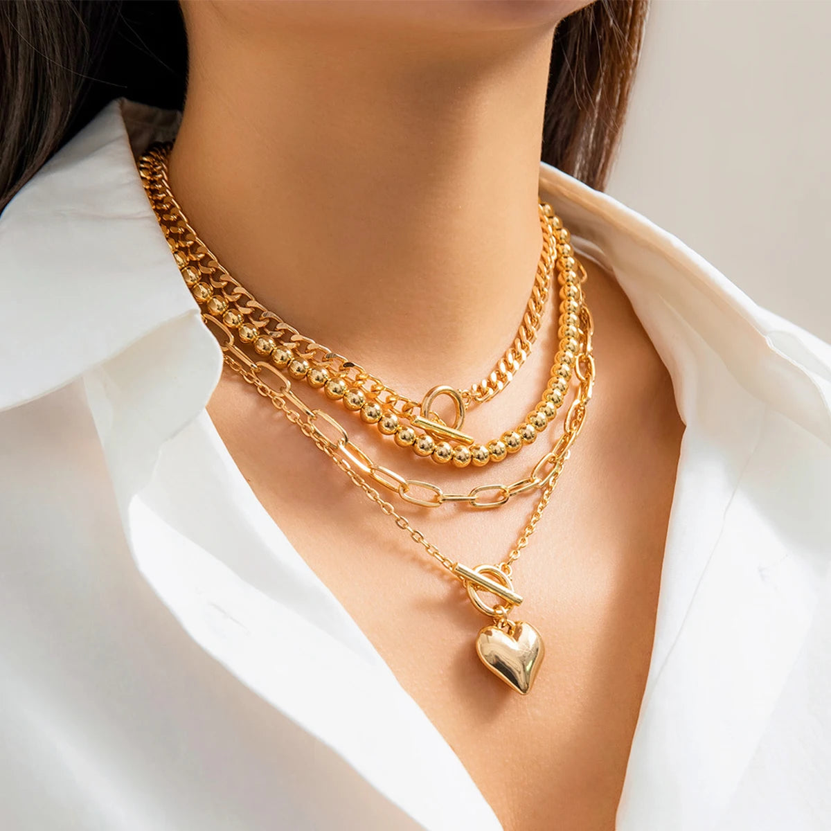 4 Pz/set Punk Color Oro Collana con Ciondolo a Cuore per Le Donne 2024 Alla Moda OT Fibbia In Rilievo Collo Catena Girocollo Y2K Accessori di Gioielli