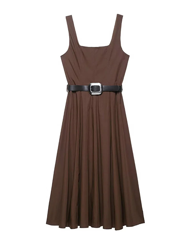 Cintura di moda Piega Abito lungo Donna Colletto quadrato Senza maniche Backless A-line Party Maxi Abiti 2025 Summer Office Lady Vestidos