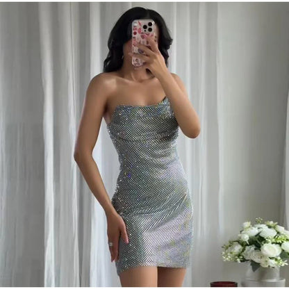 Abito corto senza maniche scintillante da donna con tutti i strass Abiti sexy senza spalline alla moda per donna Estate Nuovo outfit streetwear