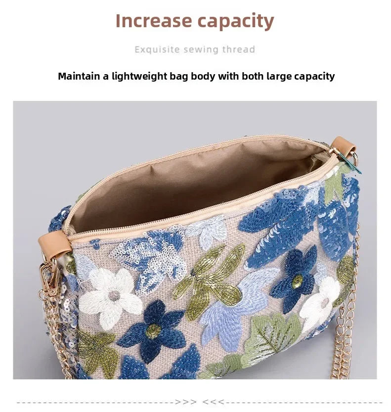 Borse a tracolla da donna con ricamo floreale carino Catene con paillettes alla moda Borsa a tracolla Borsa da spiaggia casual estiva Borsa e portamonete Hobos