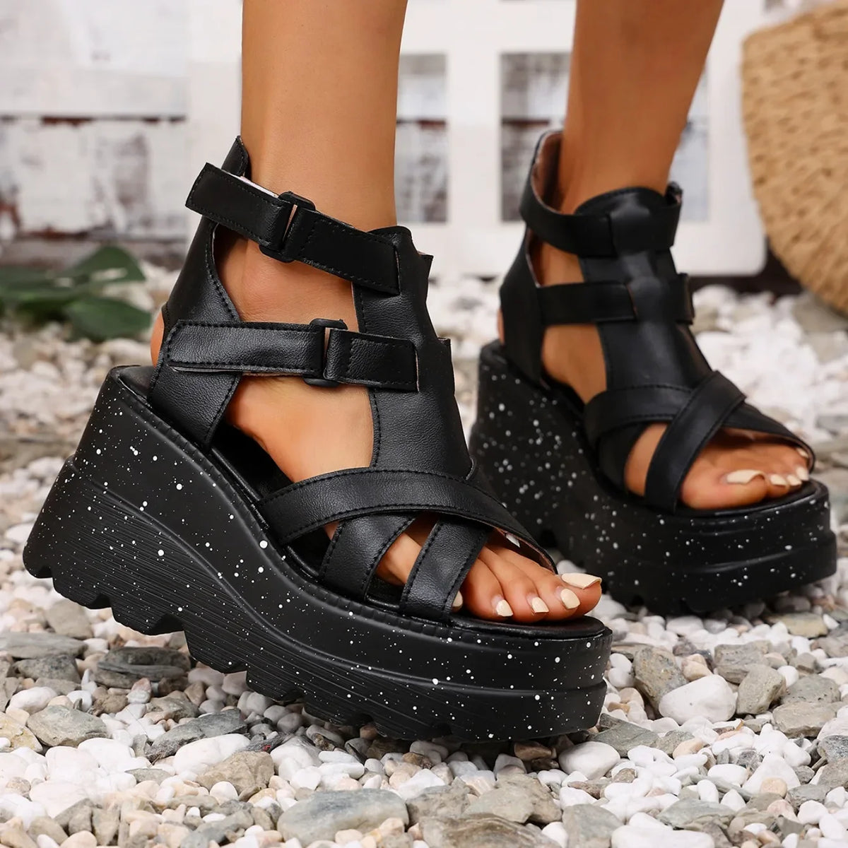 Sandali da donna Sandali da donna con plateau in pelle moda estiva Sandali gladiatore con tacco alto da donna Scarpe da donna con zeppa robuste per esterni