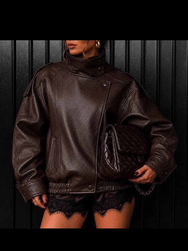Giacche Corte in Ecopelle Nera alla Moda per Donne, Cappotti Oversize Retrò con Collo Alto e Maniche Lunghe, Abbigliamento Classico da Strada per Autunno e Inverno