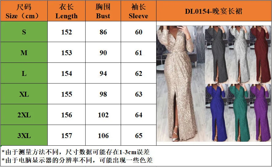 Abito lungo da donna elegante con scollo a V a maniche lunghe da festa Autunno Inverno Moda con paillettes Vita sexy Abiti maxi slim casual con spacco alto