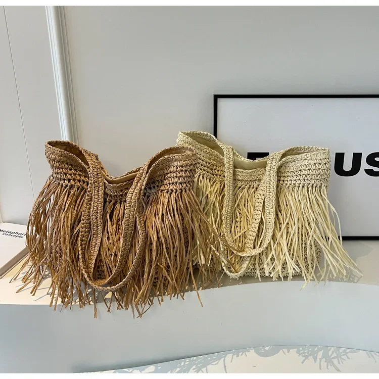 Borse a tracolla da donna in tessuto con nappe casual Borse da donna con frange fatte a mano Borsa tote grande da spiaggia estiva Borsa shopper grande per le vacanze