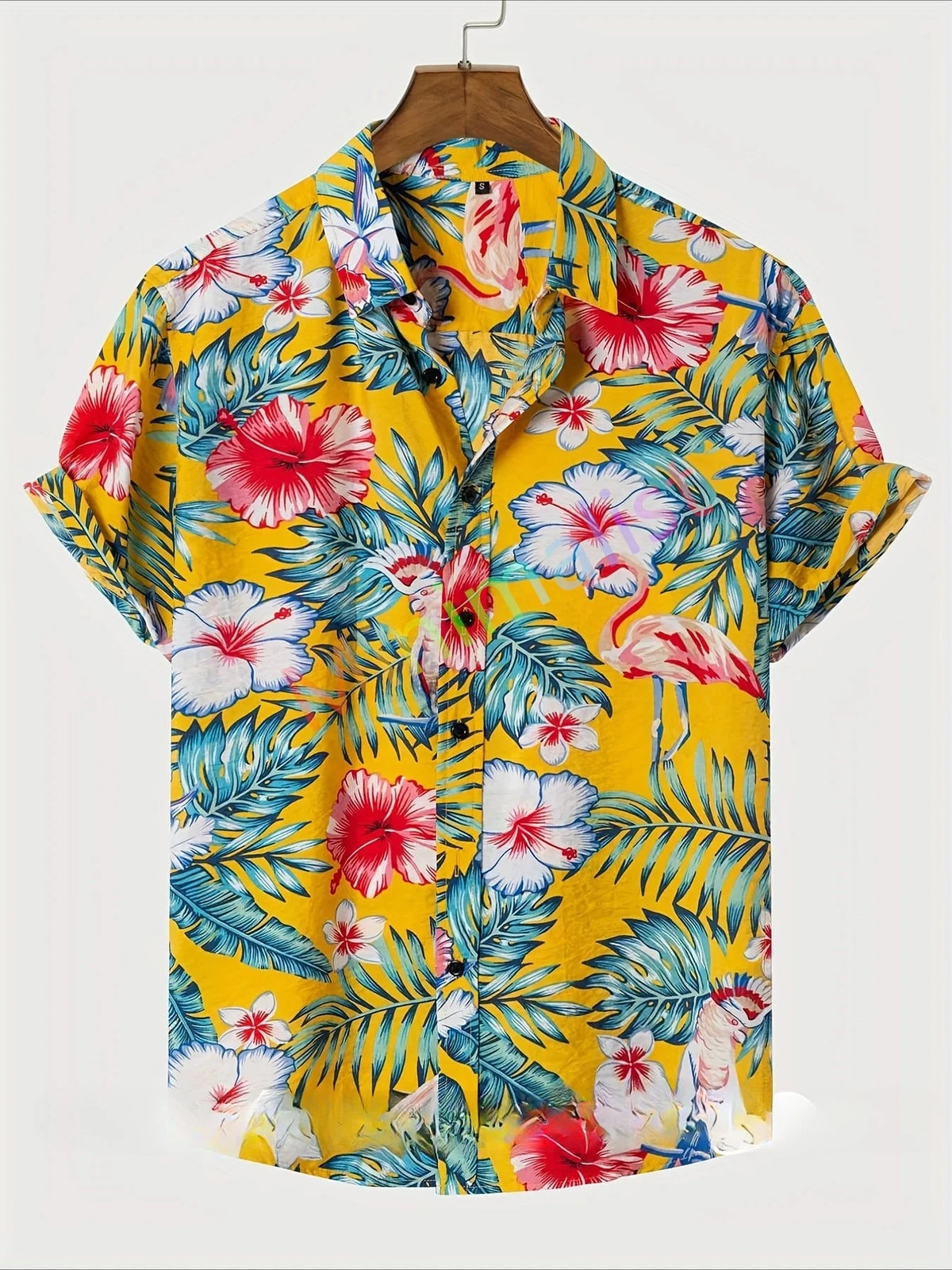2025 Camicia con stampa foglia e fenicottero per uomo Camicia hawaiana Casual Beach Manica corta Moda Top Camicetta maschile Abbigliamento estivo