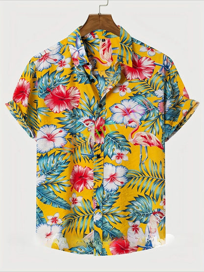 2025 Camicia con stampa foglia e fenicottero per uomo Camicia hawaiana Casual Beach Manica corta Moda Top Camicetta maschile Abbigliamento estivo