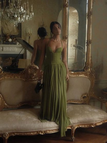 Chic Green Fishbone Halter Abito lungo Lady Solid Sexy Backless Pieghettato Off-spalla Abiti a trapezio 2025 nuovo abito da festa di Natale