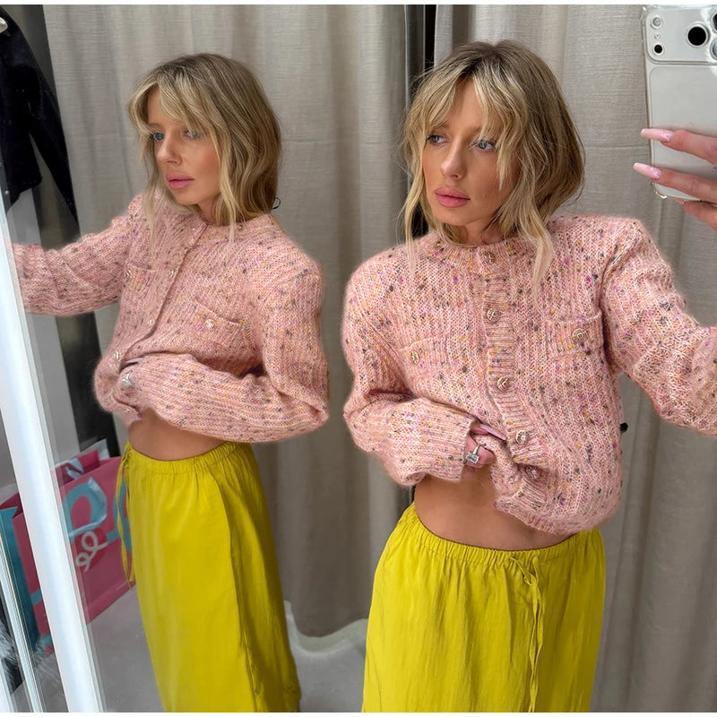 Cardigan Jacquard Lavorato a Maglia, Nuova Collezione Autunno 2026, Maglione Casual da Donna con Collo Alto e Maniche Lunghe, Cappotto in Maglia Stampata Larga