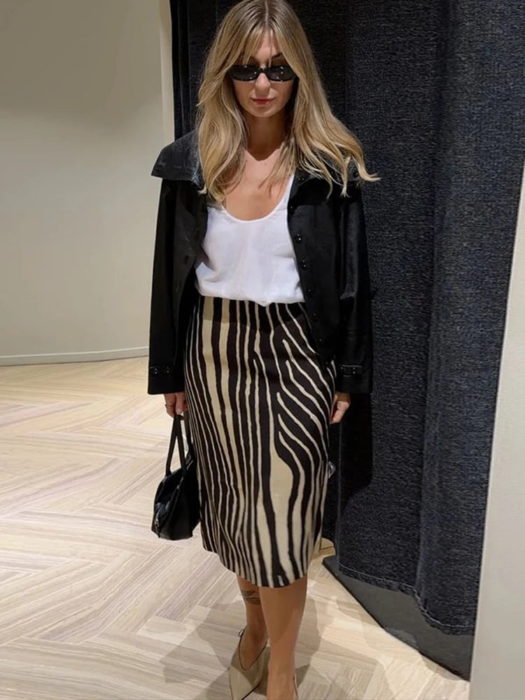 Gonna midi a righe zebrate da donna, a vita alta, dritta, elegante, aderente, casual, lunga, 2026, outfit moda street estivo e autunnale