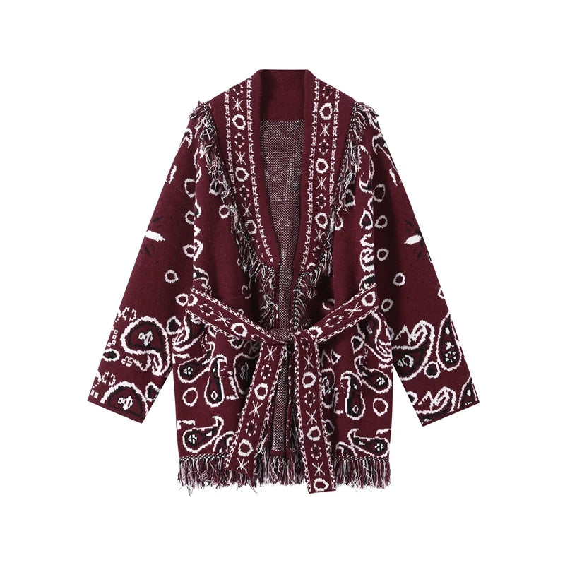 Cardigan da donna in maglia con stampa zebrata e frange, modello ampio con scollo a V, maniche lunghe, cintura, maglione caldo e spesso, collezione autunno 2026.