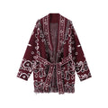Cardigan da donna in maglia con stampa zebrata e frange, modello ampio con scollo a V, maniche lunghe, cintura, maglione caldo e spesso, collezione autunno 2026.