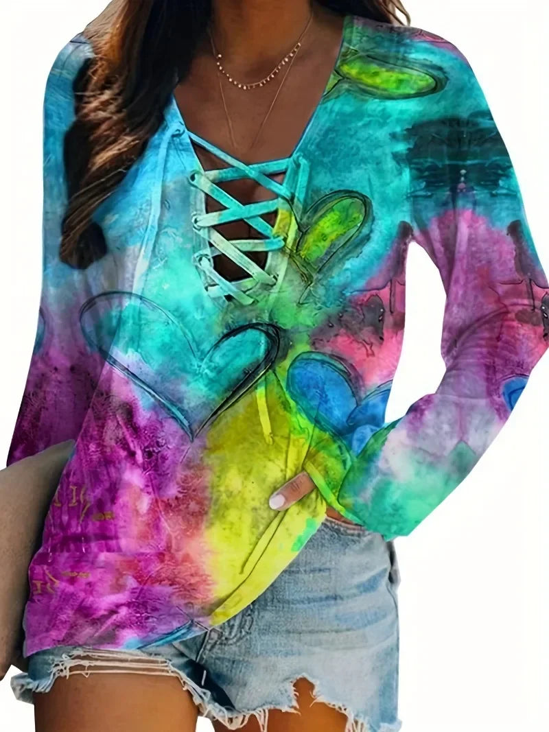 Fashion Women's Plus Size 1XL-5XL New Tie Dye Long Sleeve Strap V-Neck T-shirt Ladies Casual Loose Tops
