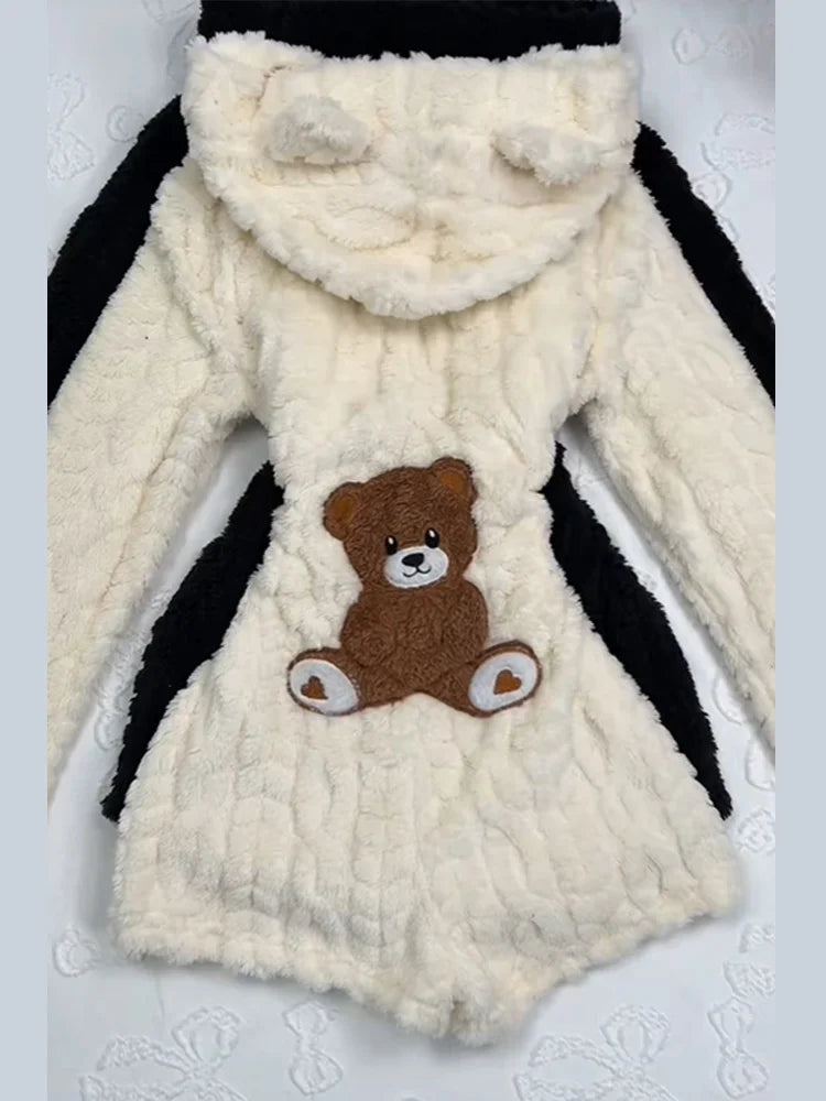 Tuta Corta Calda con Motivo Orsetto Cartoon Trendy, in Peluche e Flanella con Cappuccio, per Donna, Nuova Collezione Autunno Inverno, Outfit Comodo