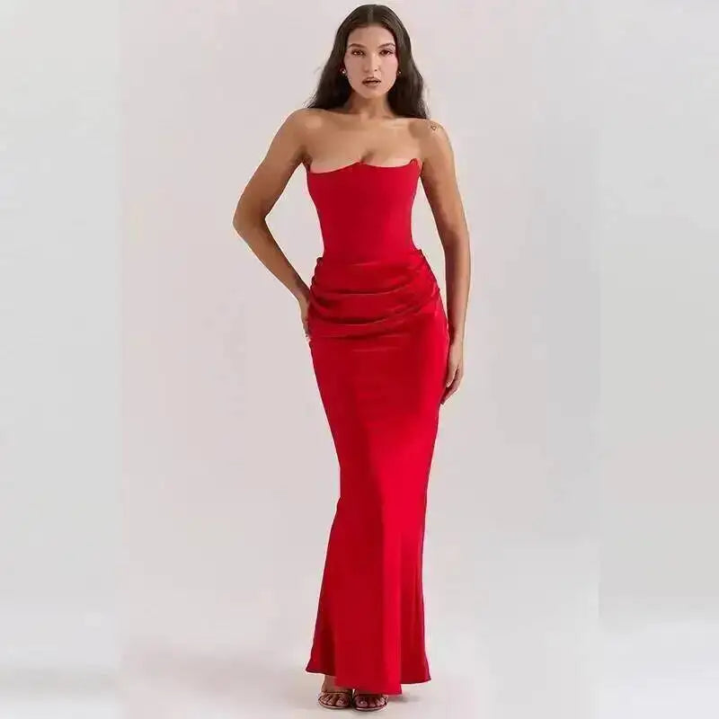 Giyu Sexy Satin Evening Club Abiti da festa Donna 2025 Estate senza spalline con spalle scoperte Lisca di pesce increspato Maxi abito lungo Abito elegante