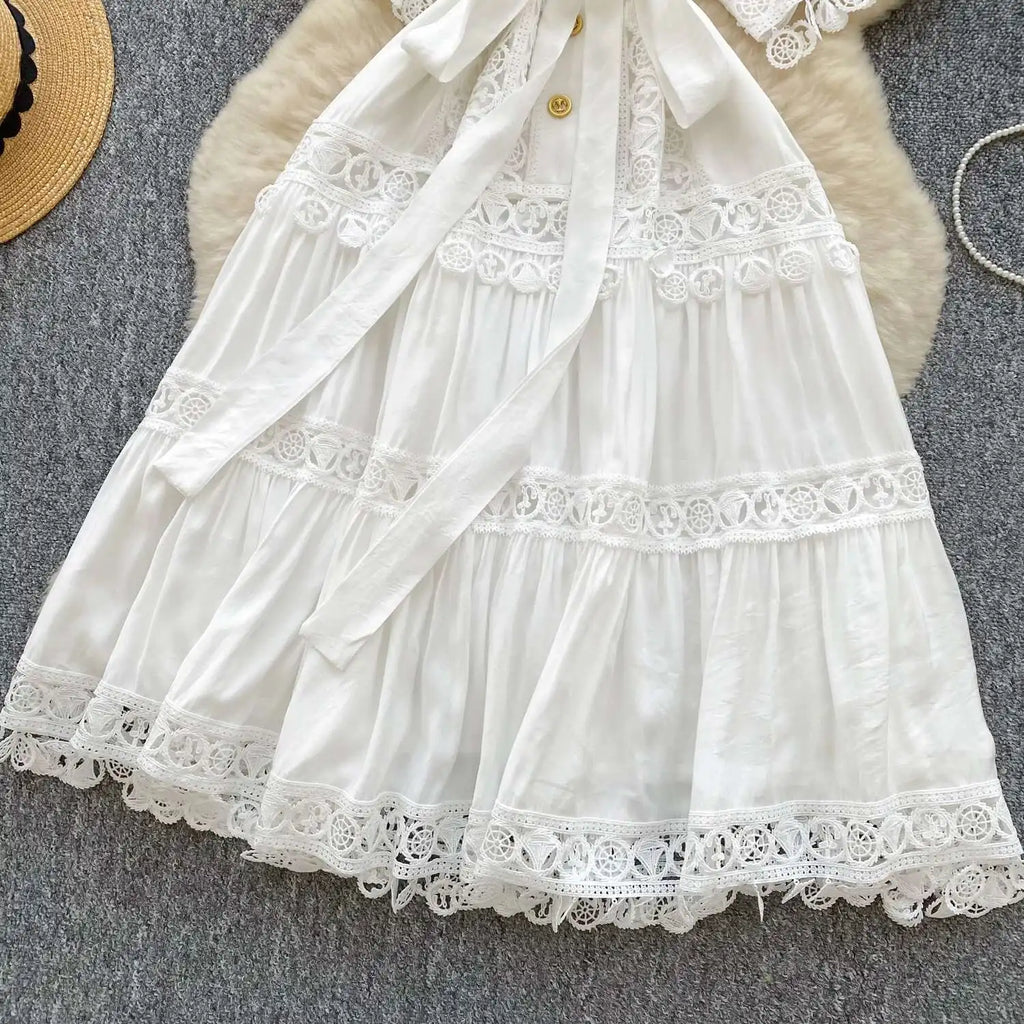 Abiti midi scavati di lusso Camicia da donna Vacanza estiva Elegante bottone monopetto Cintura in pizzo Ricamo Vestido lungo da festa
