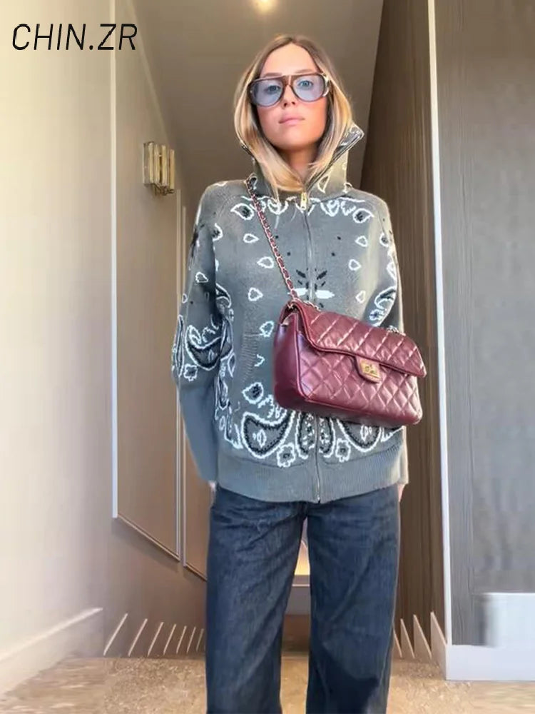 Street Knit Jacquard Colletto alla coreana Cardigan Cerniera Manica intera Maglione grigio femminile 2026 Primavera Lady Fashion Maglieria accogliente Nuovo