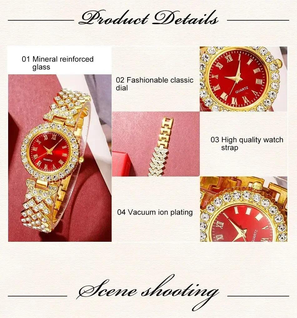 Orologio di lusso dorato da donna anello collana orecchino strass moda orologio da polso Casual da donna bracciale orologi Set di gioielli