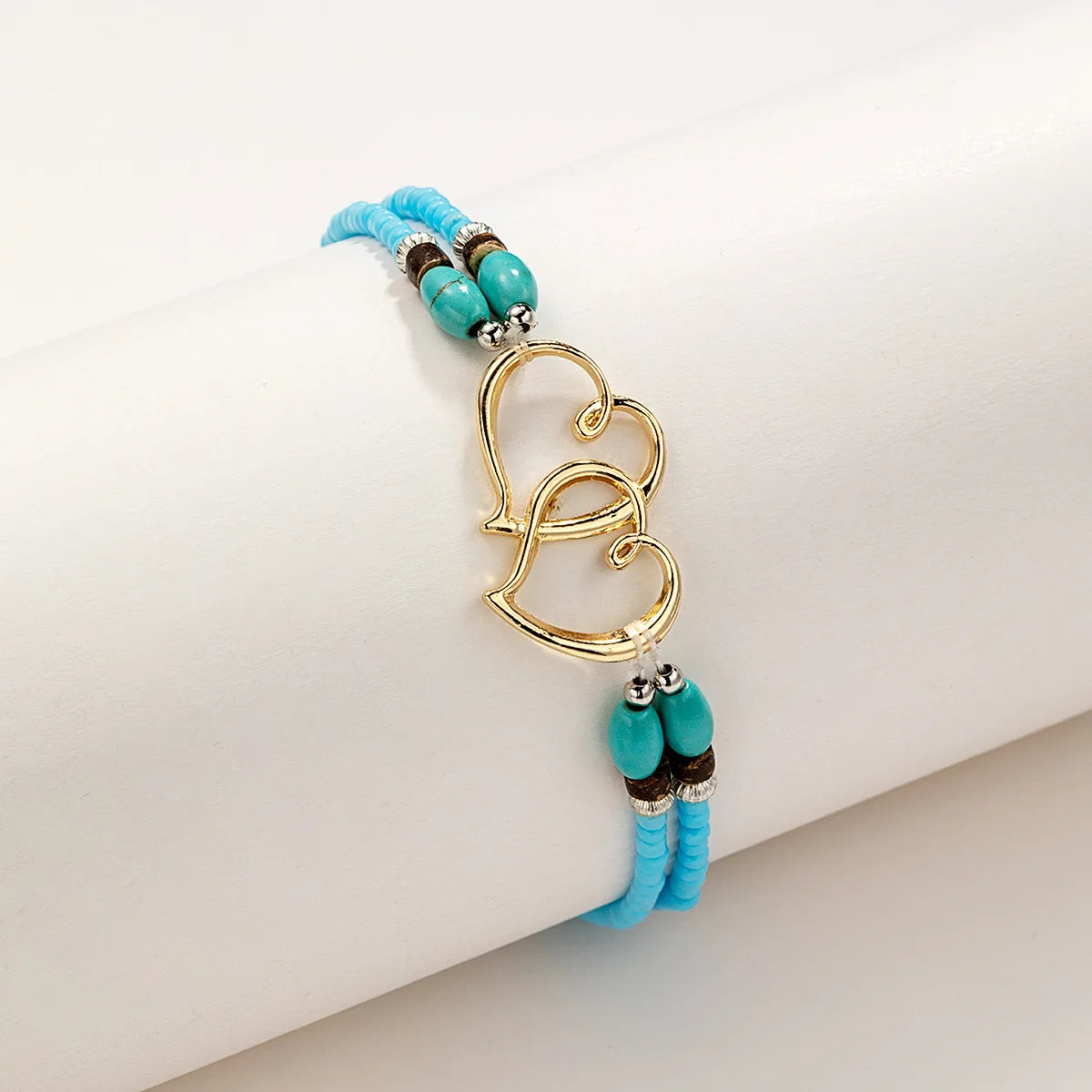 Cavigliera con perline a strati della Boemia per le donne Bracciale alla caviglia con ciondolo a doppio cuore cavo Regalo di gioielli per le vacanze estive al mare