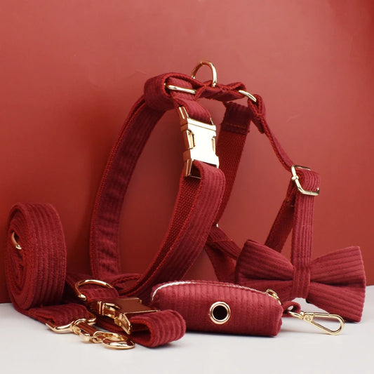Set Collare e Guinzaglio per Cani in Corduroy Rosso Vino con Targhetta Personalizzata Incisa, Accessori per Animali Domestici