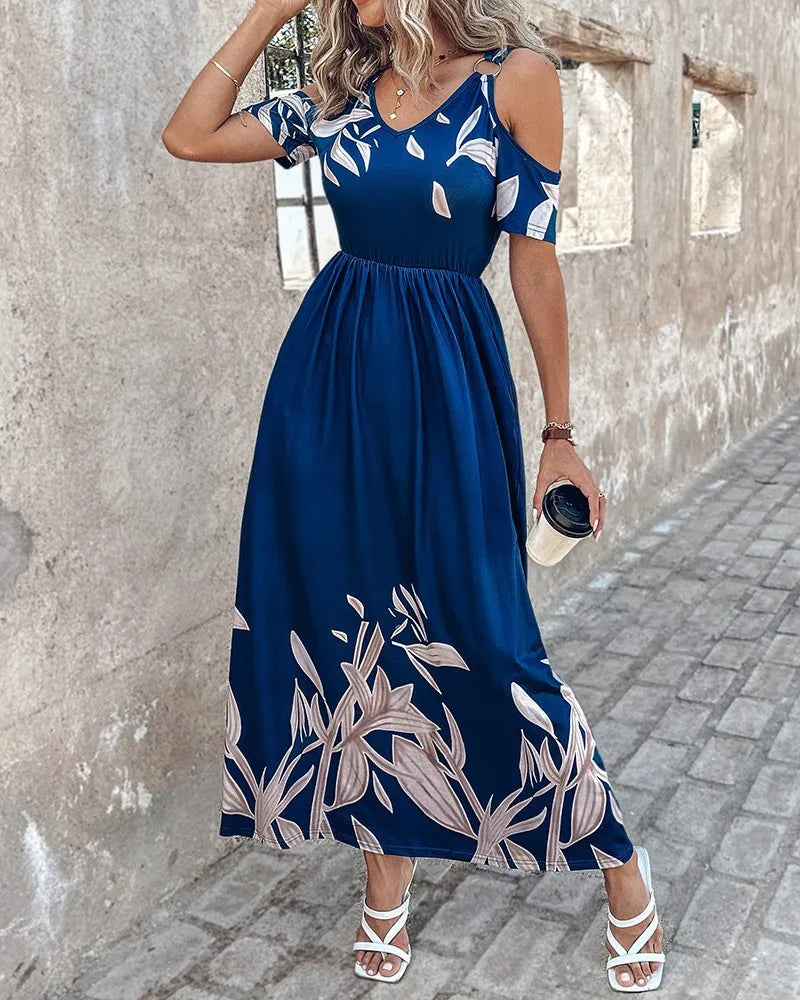 Abito estivo da donna con stampa Moda sexy scollo a V manica corta con spalle scoperte Abiti maxi eleganti casual Clubwear femminile Abito casual