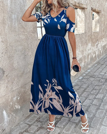 Abito estivo da donna con stampa Moda sexy scollo a V manica corta con spalle scoperte Abiti maxi eleganti casual Clubwear femminile Abito casual