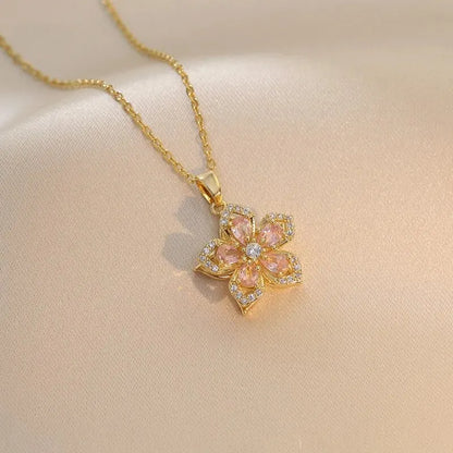 Collana con ciondolo fiore zircone rotante di lusso leggero per le donne Collane a catena ad alto senso di qualità color oro Regali di gioielli per feste