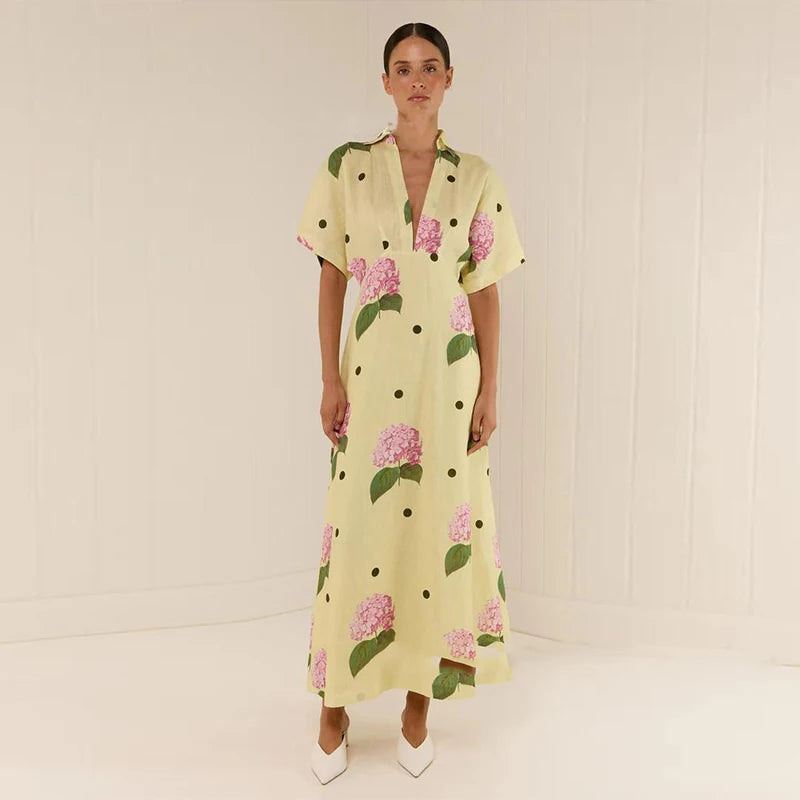 Abito da donna stampato a fiori casual Abito lungo femminile allentato a maniche corte con scollo a V profondo 2025 Primavera Estate Nuova moda Lady Robe