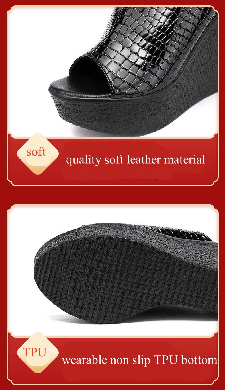 Sandali con Zeppa in Pelle Lucida Estivi da Donna, Misura Piccola 32-43, Tacco Alto 11cm, Ciabatte Eleganti per Ufficio e Modello, Collezione 2026