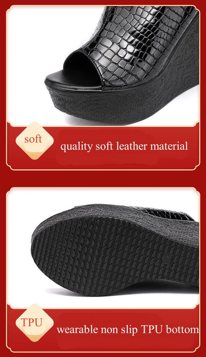 Sandali con Zeppa in Pelle Lucida Estivi da Donna, Misura Piccola 32-43, Tacco Alto 11cm, Ciabatte Eleganti per Ufficio e Modello, Collezione 2026