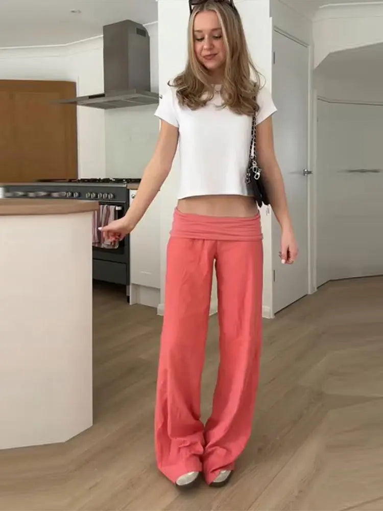 Pantaloni Lunghi a Gamba Larga con Vita Elastica per Donna, Tessuto Elasticizzato, Nuova Collezione 2026, Outfit Casual Estivo da Donna per Uso Quotidiano e Street Style