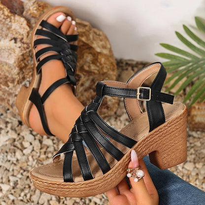 Cinturini in tessuto moda Sandali con tacco grosso Donna Estate Fibbia alla caviglia Scarpe con tacco alto Roma Donna Sandali con plateau open toe 36-42