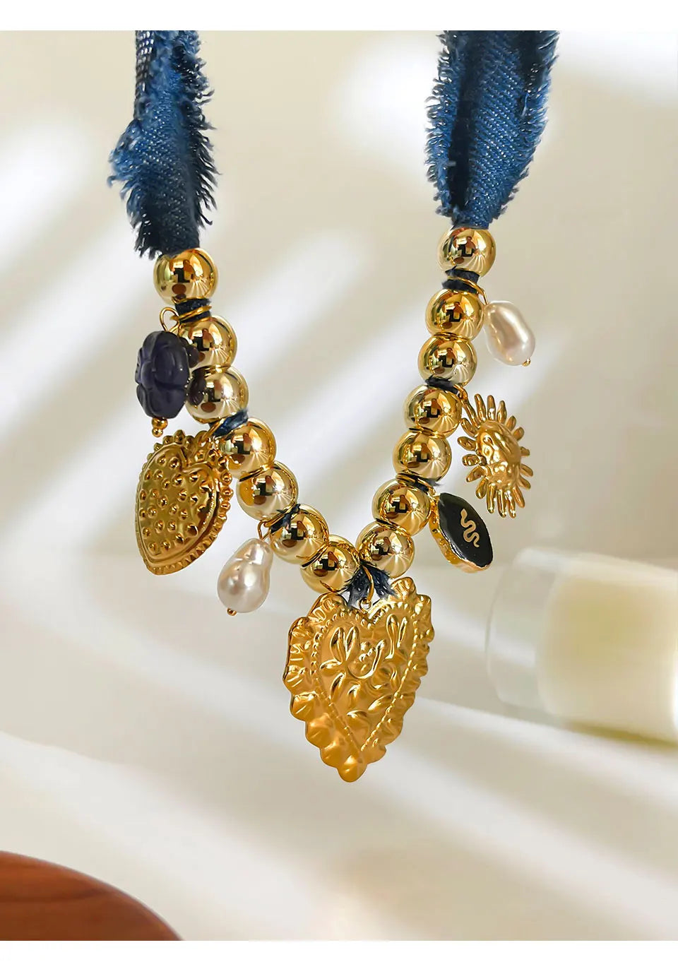 Peri'sbox Nuova unica catena di corda di jeans blu Fiore acrilico Cuore dorato Collana con ciondolo sole Gioielli da donna punk in acciaio inossidabile
