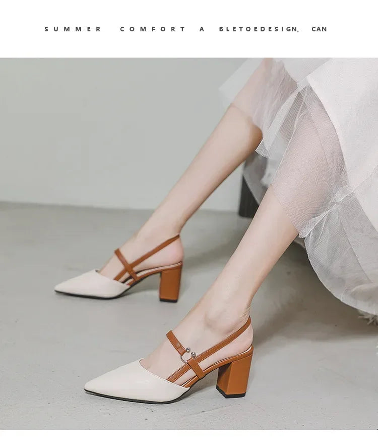 Scarpe per le pompe Estate Elegante Tacchi alti grossi Punta a punta Baotou Scarpe da donna solide Sandali femminili Zapatillas Mujer 2024
