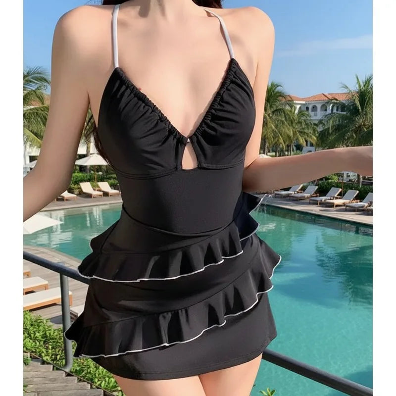 INS Style Sexy Push Up Chest One Piece Swimsuit Women Strap Ruffle Trim Slim Fit Cute Yet Sultry Minimalist for Beach Vacation