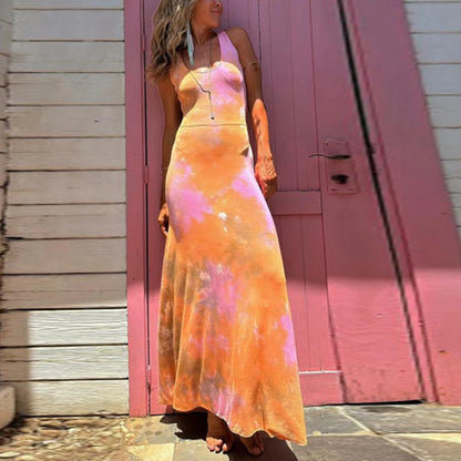 Robe longue d'été sexy, robes de plage d'été pour femmes, élégante robe de soirée imprimée tie-dye sans dos 2024