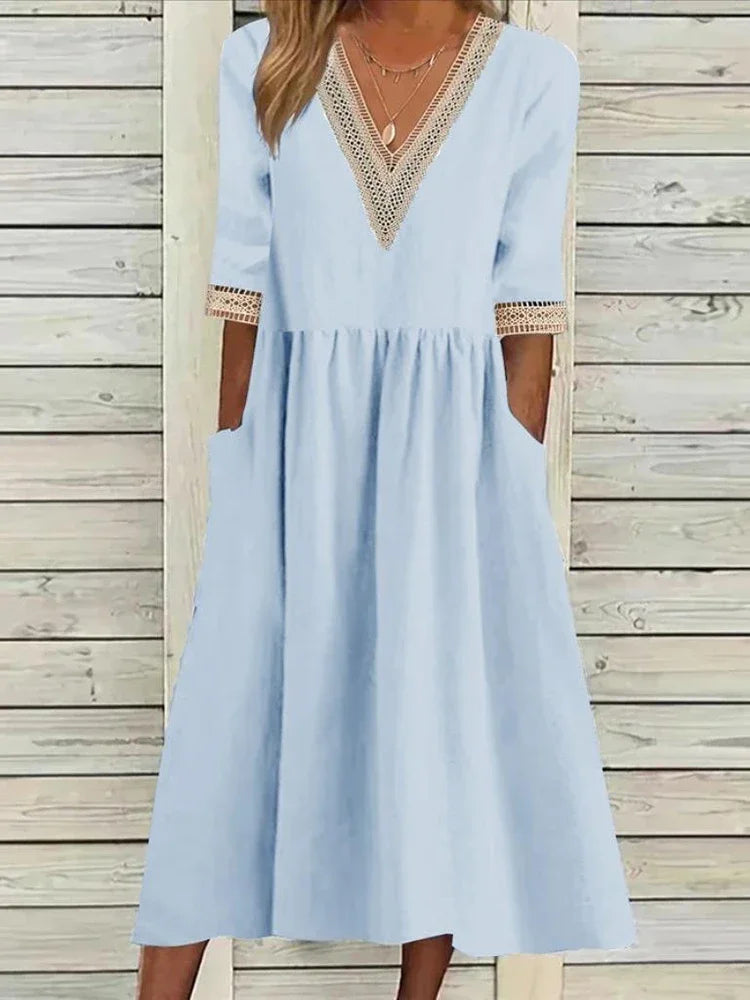Abito Estivo da Donna 2026 Nuovo in Cotone e Lino a Mezza Manica con Scollo a V, Vestito Casual Chic Vintage con Inserti, Vestito Midi Ampio