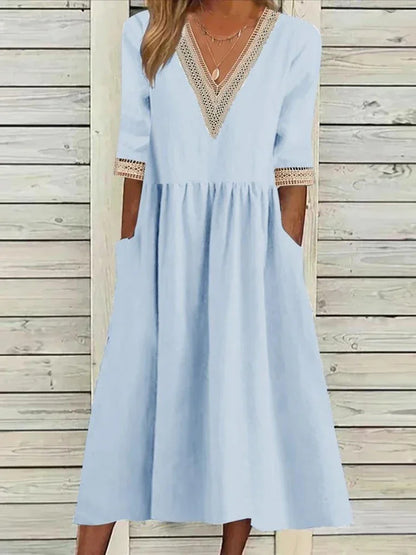 Abito Estivo da Donna 2026 Nuovo in Cotone e Lino a Mezza Manica con Scollo a V, Vestito Casual Chic Vintage con Inserti, Vestito Midi Ampio