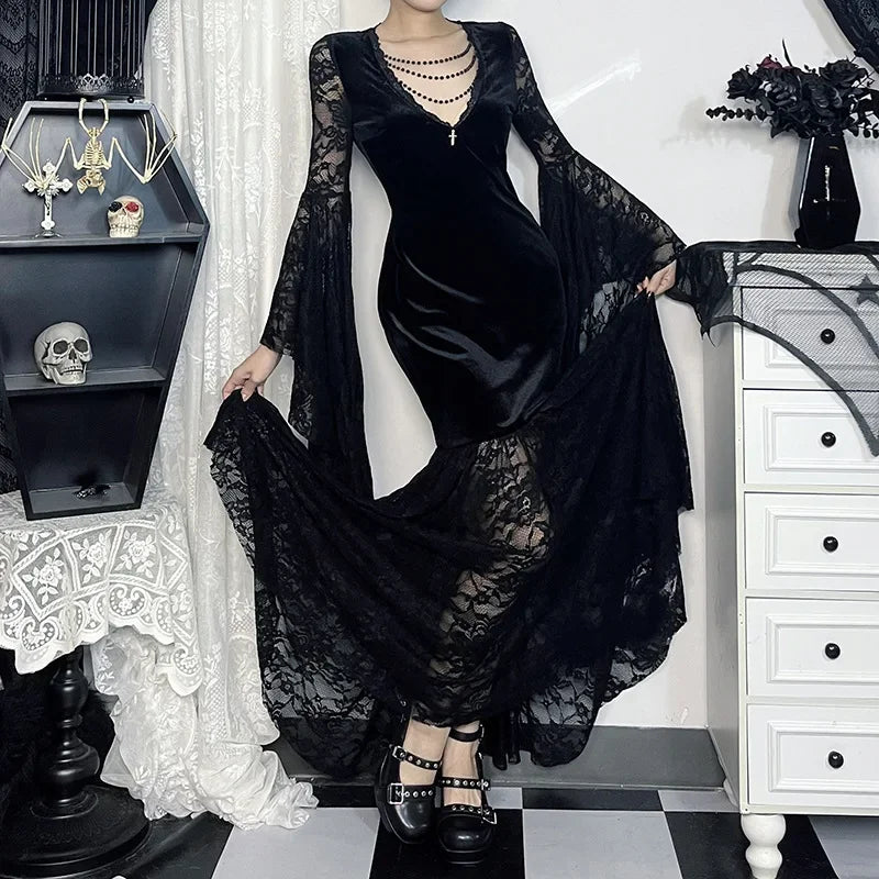 Y2K Goth floreale pizzo maglia manica svasata aderente abiti da festa sexy vintage elegante velluto nero con scollo a V abito lungo partywear