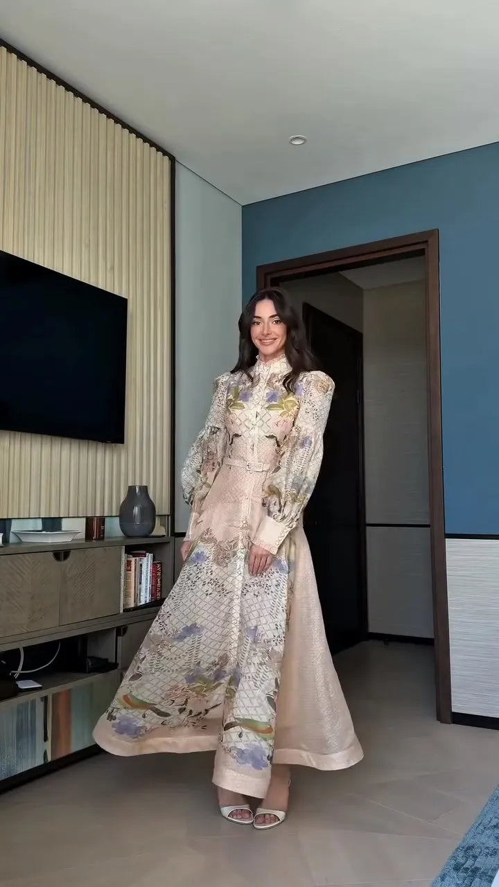 Abito Lungo da Donna con Stampa, Scollo a V, Maniche a Campana, Bordo a Foglia di Loto, Vita Alta, Vestito Maxi Aderente, Elegante Abito da Sera per Feste