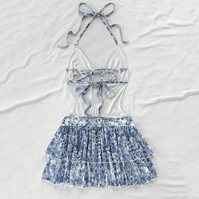 Sommer Sexy Rückenfreies Kleid Damen Mode Neckholder Schnürung A-Linie Rüschen Kleider Damen Tiefer V-Ausschnitt Urlaub Strandkleid