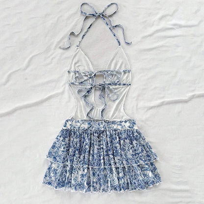 Sommer Sexy Rückenfreies Kleid Damen Mode Neckholder Schnürung A-Linie Rüschen Kleider Damen Tiefer V-Ausschnitt Urlaub Strandkleid