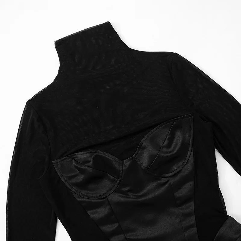 DSMTRC Donna Moda Collo alto Abito Maglia Manica lunga Mini abito Party Evening Club Abiti Sexy Cut-Out Corsetto Abiti aderenti