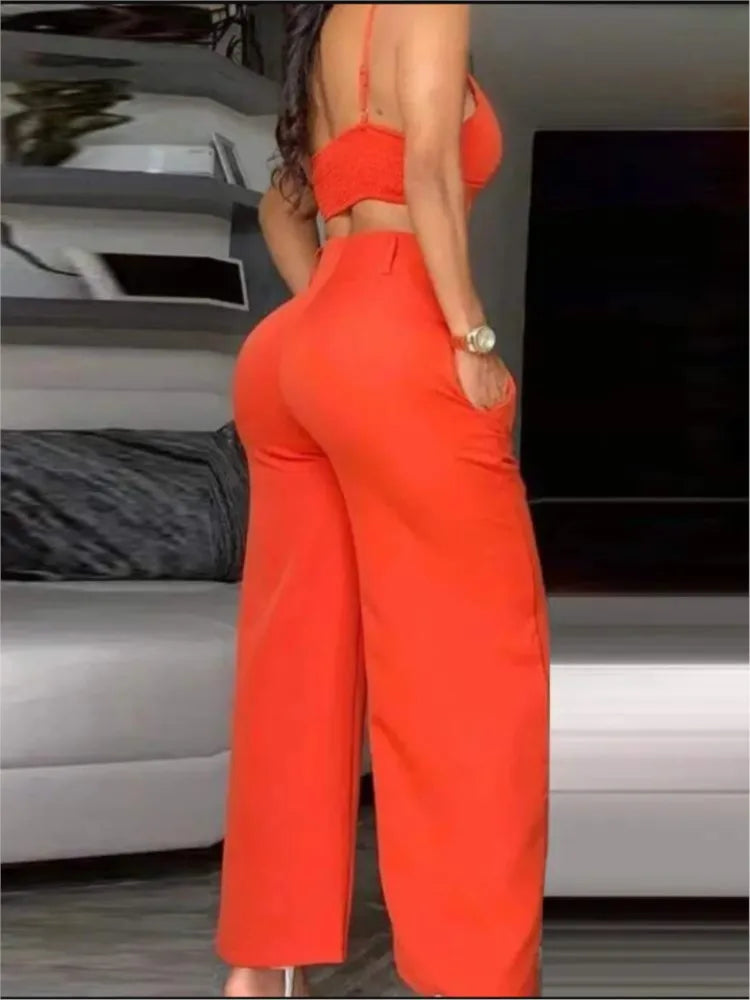 Sommer Sexy 2-Teiler Set Damen V-Ausschnitt Träger Gerafftes Slim Crop Top & Schnürung Weite Hose Sets Elegantes Holiday Lady Outfit
