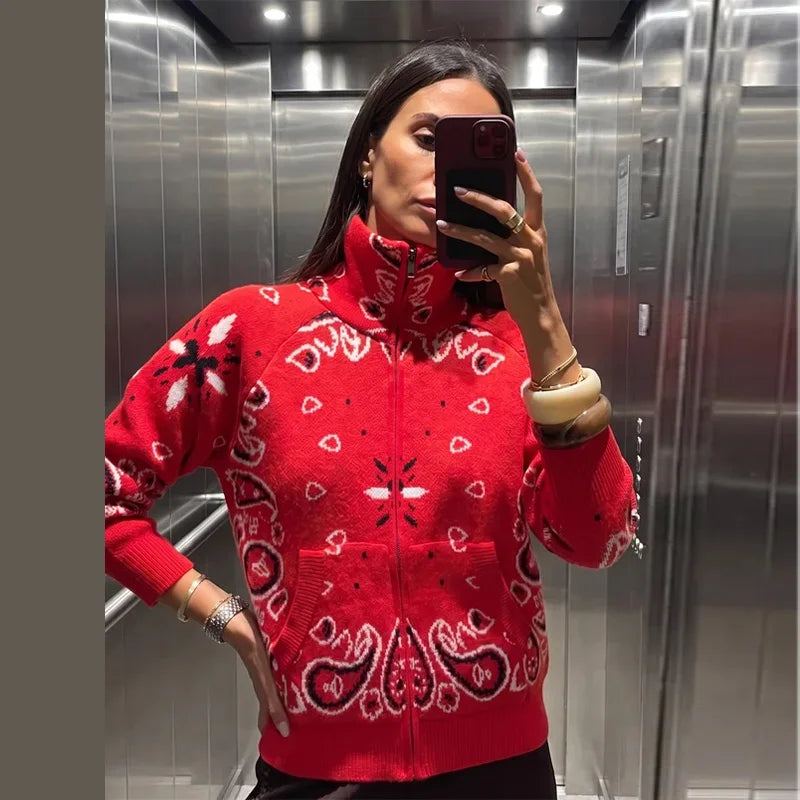 Cardigan da Donna in Maglia Stampata Casual, Maniche Lunghe, Cerniere, Colletto Alto, Tasche, Cappotti Autunno 2026, Abbigliamento Femminile Chic da Strada