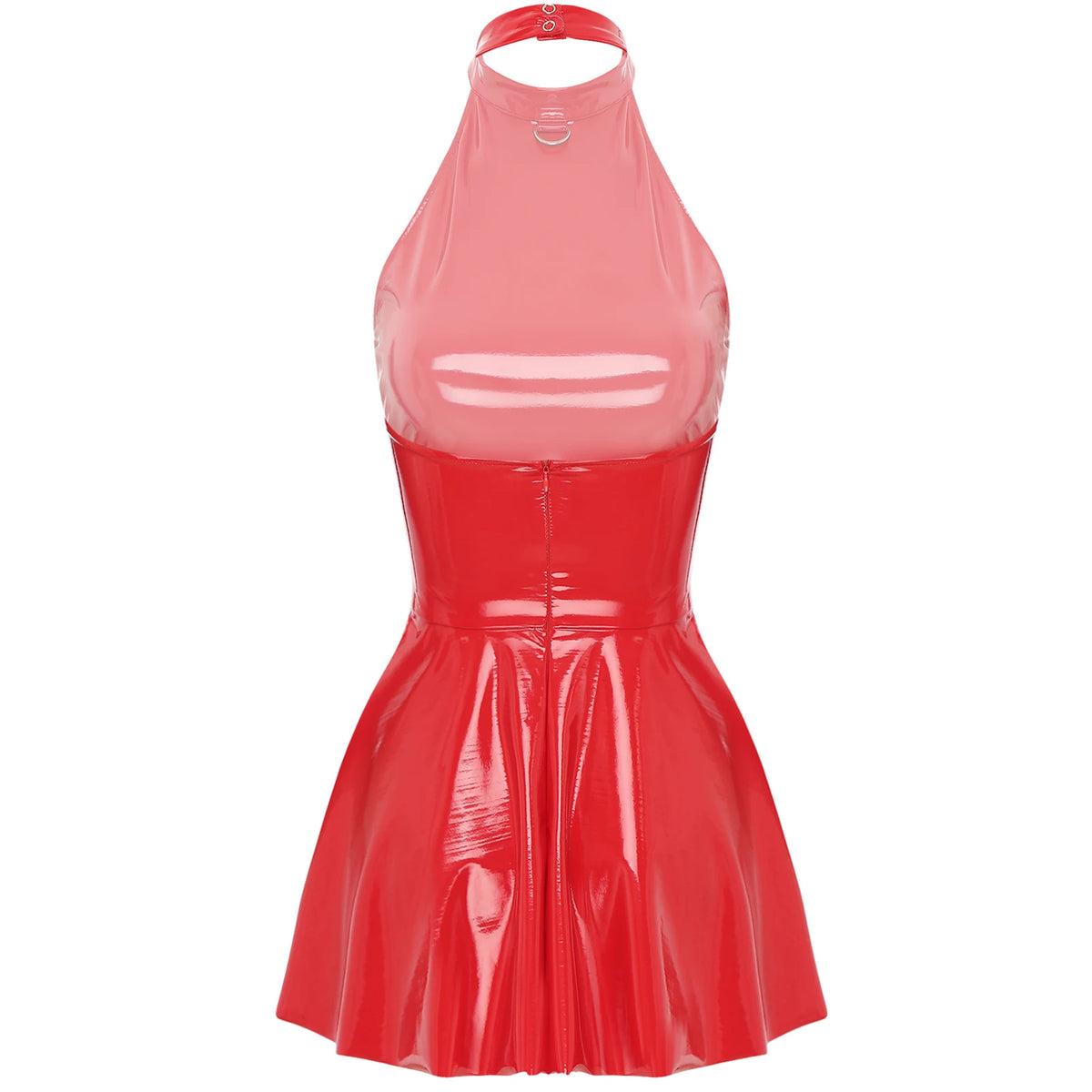 Abito sottoveste in pelle verniciata Sexy effetto bagnato da donna O-Ring rivetti con spalline scollo a V Punk gotico a-line Mini abiti Rave Party Clubwear